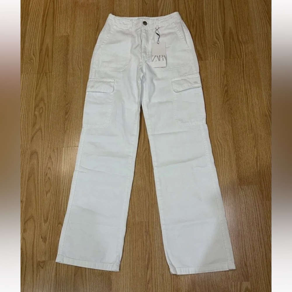 New ZARA White Cargo Pants side Pockets High Rise Waist size 8